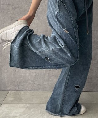 WEGO 【ウエストゴム】ヴィンテージウォッシュスウェットワイドパンツ デニム