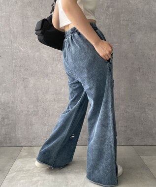 WEGO 【ウエストゴム】ヴィンテージウォッシュスウェットワイドパンツ デニム
