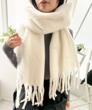 WEGO パール付きワイドフリンジストール ホワイト