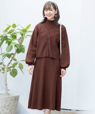 Tiaclasse 【洗える】大人上品なニットカーデ＋ワンピースセット ブラウン