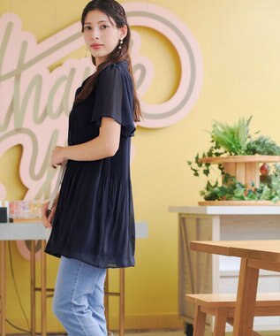 Tiaclasse 【洗える】マジョリカプリーツシフォンチュニックブラウス ネイビー