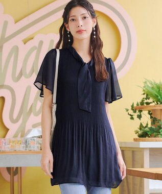 Tiaclasse 【洗える】マジョリカプリーツシフォンチュニックブラウス ネイビー