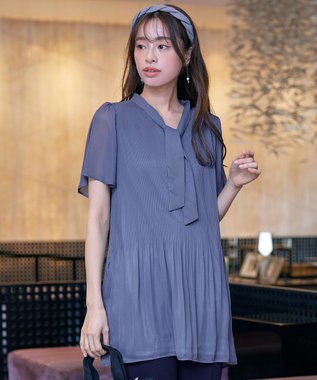 Tiaclasse 【洗える】マジョリカプリーツシフォンチュニックブラウス ブルー