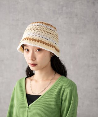 WEGO クロシェ編みボーダーハット オフホワイト