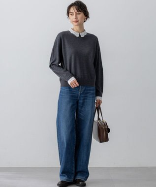 23区 【洗える】エンブロイダリー フラワーレースコンビ ニット グレー系