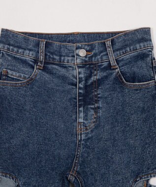 WEGO 【SMサイズ展開/伸びる】カットアウトリボンストレッチフレアデニムパンツ デニム中濃加工色