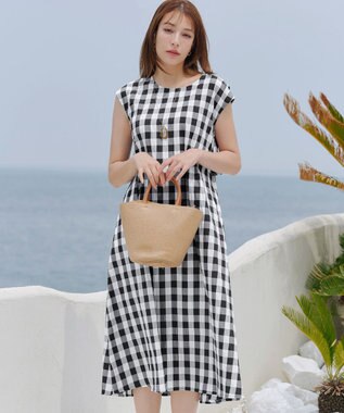 Tiaclasse L 【2WAY・洗える】ウエストリボンフレンチスリーブマキシワンピース ブラックチェック