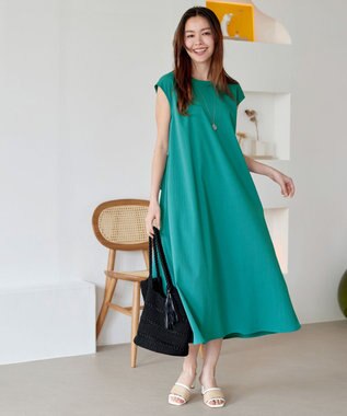 Tiaclasse L 【2WAY・洗える】ウエストリボンフレンチスリーブマキシワンピース グリーン