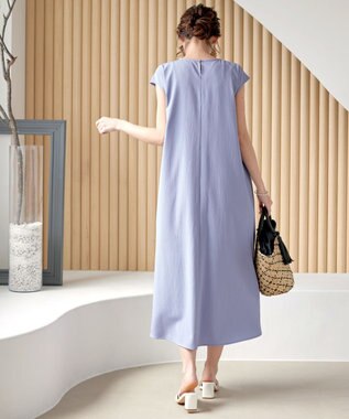 Tiaclasse L 【2WAY・洗える】ウエストリボンフレンチスリーブマキシワンピース ブルー