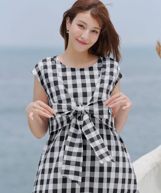 Tiaclasse L 【2WAY・洗える】ウエストリボンフレンチスリーブマキシワンピース ブラックチェック