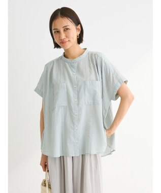 Green Parks インド綿  バンドカラーデザイン５分袖シャツ Mint