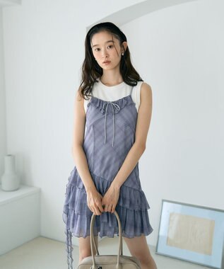 earth music&ecology フロントリボンチェックミニキャミワンピース Check Gray