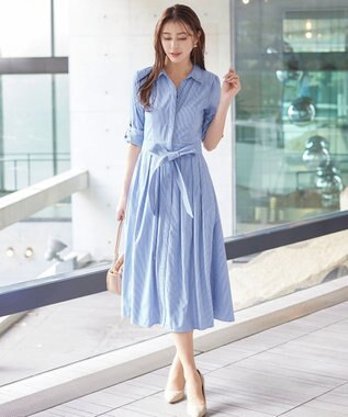 Tiaclasse 【洗える】シャツワンピース ネイビーストライプ