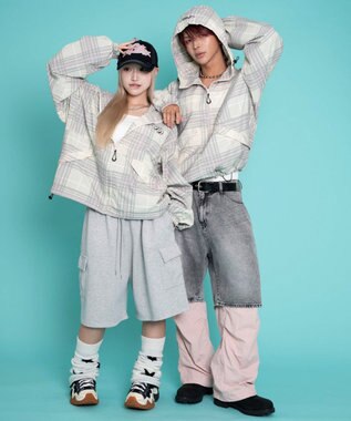 WEGO 【ユニセックス着用ITEM/MLサイズ展開】チェックロゴフードブルゾン ピンクソノタ