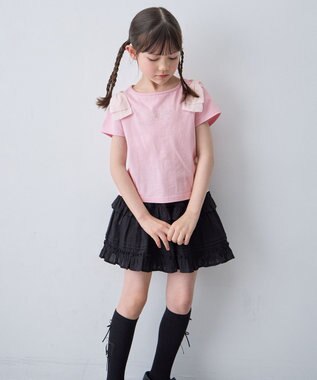 ANY KIDS 【綿100%】肩リボン×ラインストーンロゴ 半袖Tシャツ ピンク