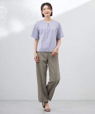 J.PRESS LADIES 【洗える・抗菌防臭・吸水速乾】サッカージャージー ペプラム カットソー オフ×ブルー系