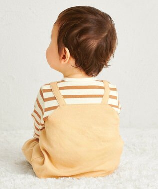 MIKI HOUSE HOT BISCUITS 【70-80cm】 ボーダー柄 重ね着風  カバーオール ベージュ