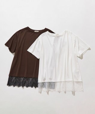 ANY SIS L 裾レース半袖Ｔシャツ ブラウン×ブラック