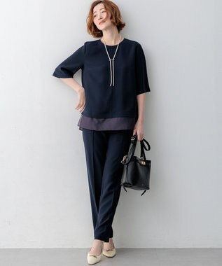 23区 S 【吸水速乾/UVカット/接触冷感】ストレッチジョーゼット シアーコンビ カットソー ネイビー系