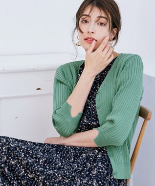 Tiaclasse 【洗える】スリット袖Vネックリブカーディガン グリーン