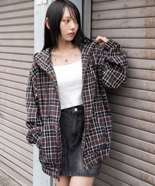 WEGO 【ユニセックス着用ITEM/MLサイズ展開】チェックグラフィックZIPパーカー（LS） ブラウンチェック1