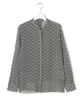 ICB 【30th ANNIVERSARY】 モノグラムプリントシフォン バンドカラーブラウス オフホワイト×ブラック系