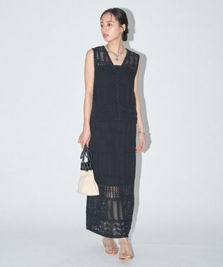 earth music&ecology 【セットアップ対応】透かし編みニットＩラインスカート Black