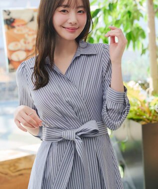 Tiaclasse カシュクールシャツワンピース ネイビーストライプ