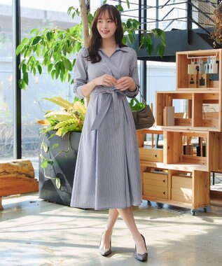 Tiaclasse カシュクールシャツワンピース ネイビーストライプ