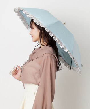 MOONBAT 【一級遮光/晴雨兼用】LANVIN en Bleu (ランバン オン ブルー)  折りたたみ日傘 シャイニーフリル 遮光 遮熱 UV サックスブルー