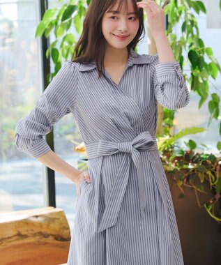 Tiaclasse カシュクールシャツワンピース ネイビーストライプ