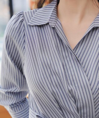 Tiaclasse カシュクールシャツワンピース ネイビーストライプ