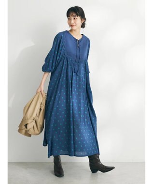 CRAFT STANDARD BOUTIQUE インド綿混キルト切替花柄ワンピース Blue