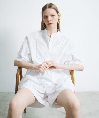 #Newans 【洗える/セットアップ可能】ハシゴレースビブデザインシャツ ホワイト