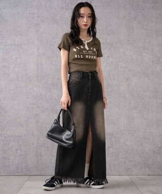 WEGO ヴィンテージウォッシュデニムロングスカート ブラック