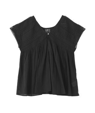 earth music&ecology 【WEB・一部店舗限定】【綿100％】レース＆ピンタックフレンチブラウス Black
