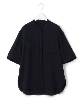 ICB 【UVカット・防シワ・洗える】ライトダブルクロス バンドカラーブラウス ネイビー系