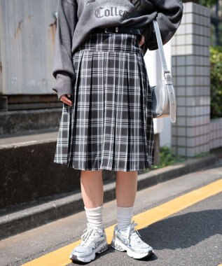 WEGO ベルト付プリーツミドルスカート ブラックチェック1