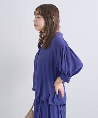Green Parks 接触冷感シルキータッチローンオープンカラーシャツ Blue