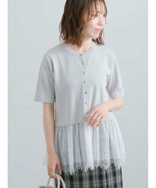 Te chichi レースヘム5分袖クルーカーディガン