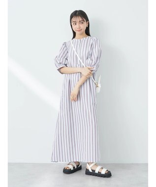 earth music&ecology ポプリンフレアワンピース Stripe Sax