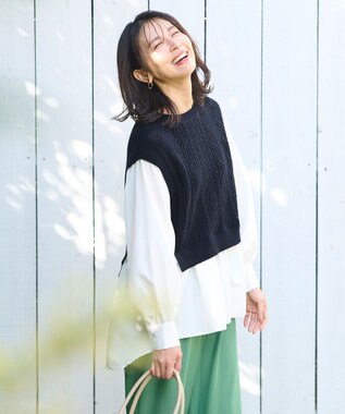 ANY 【洗濯機可・前後差あり】レイヤードブラウスニット ネイビー