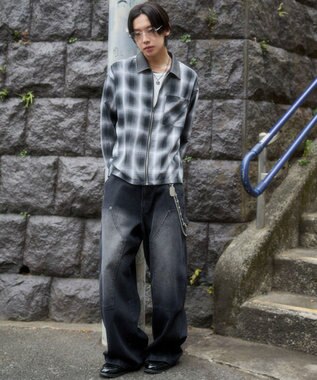 WEGO 【ユニセックス着用ITEM】オンブレチェックシャツジャケット ブラックチェック1