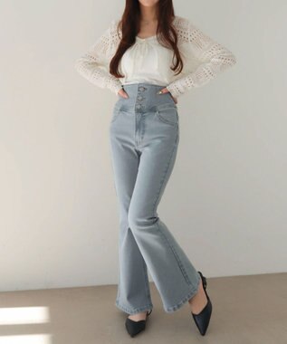WEGO 【ストレッチ/美脚/脚長シルエット/XSSMサイズ展開】ハイウエストストレッチフレアデニムパンツ デニム淡加工色