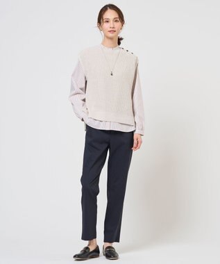 J.PRESS LADIES L BEZコットンナイロン ストライプ フリル襟 ブラウス ホワイト×グレー系