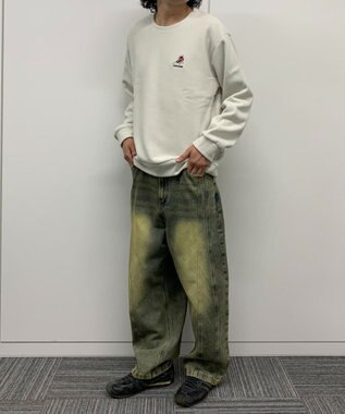 WEGO 【ユニセックス着用ITEM】ワッフルフリースOP刺繍クルートレーナー ホワイトアイボリー