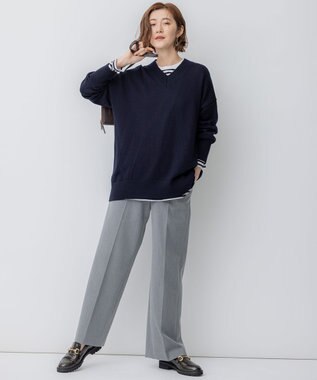 23区 【洗える】ウールミドルゲージ Vネック チュニック ニット ネイビー系