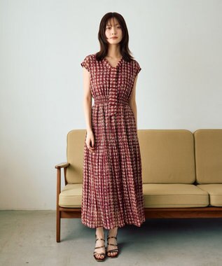 YECCA VECCA チェック柄ボウタイプリーツワンピース Bordeaux