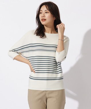 J.PRESS LADIES 【WEB限定カラーあり・洗える】LINKS DOLMAN ホールガーメント ランダムボーダー ニット ホワイト×ダルブルー系1