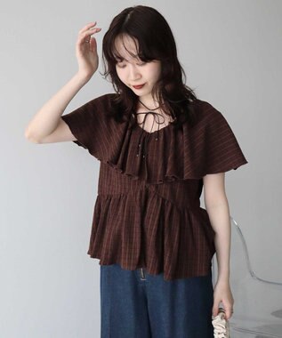 earth music&ecology チェックラッフルカラーペプラムカットブラウス Check Brown